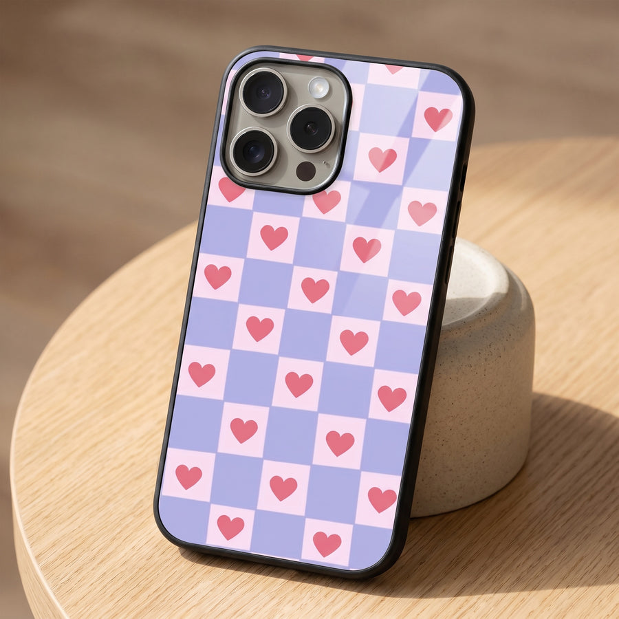 Lilac Hearts Checkered Phone Case